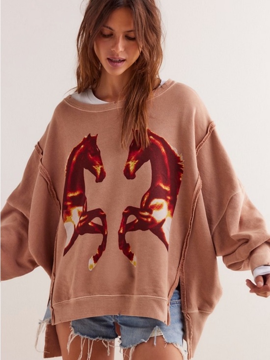 We The Free Tops - Free people Camden Oversized Tan Sweatshirt with Red Horse Graphic
